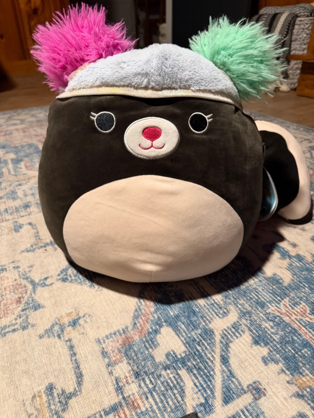Squishmallows Black Cream Plush with Pink and Mint Pom Poms